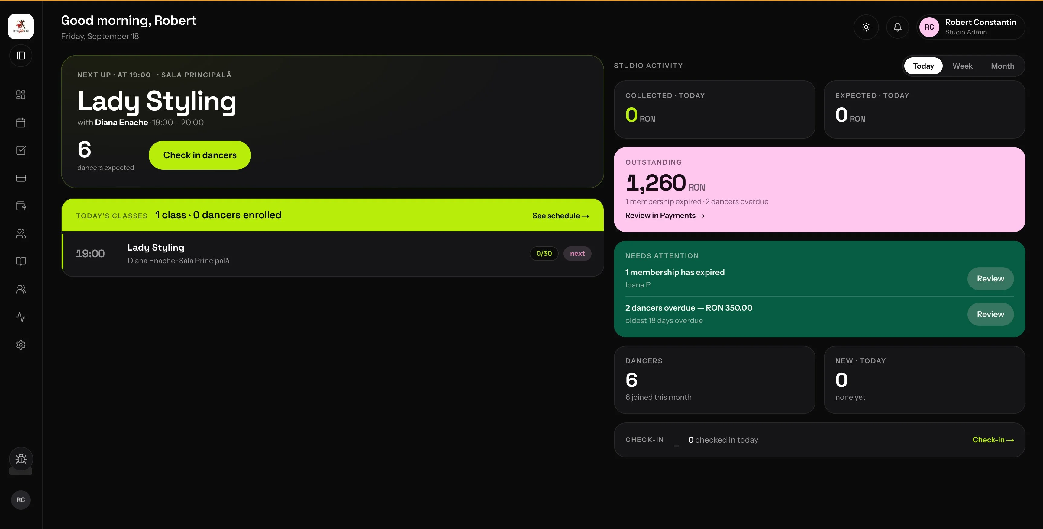 The dashboard on a demo studio: the next class, who is expected, what was collected and what is outstanding. This is the screen the desk lives in.