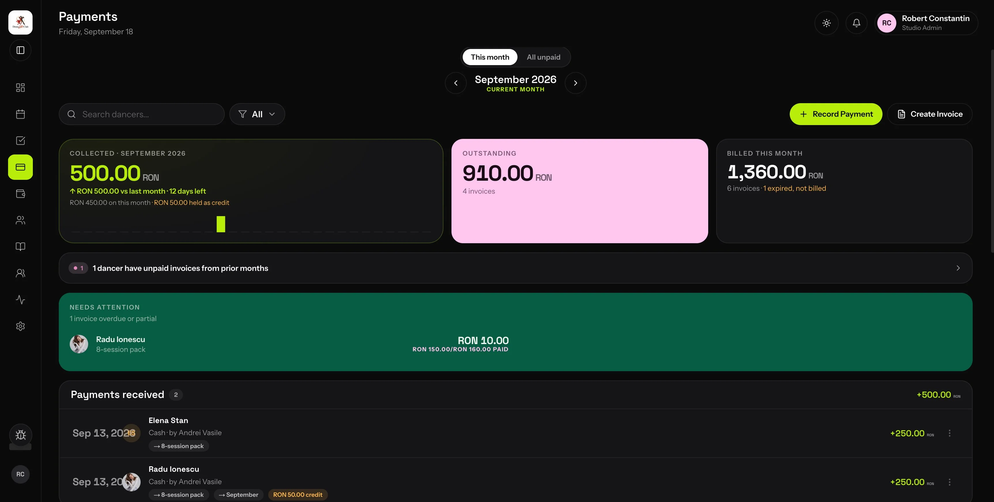 Payments on a demo studio: collected, outstanding and billed are three different sums, a partial payment shows how far it got, and money with no invoice yet sits as credit.
