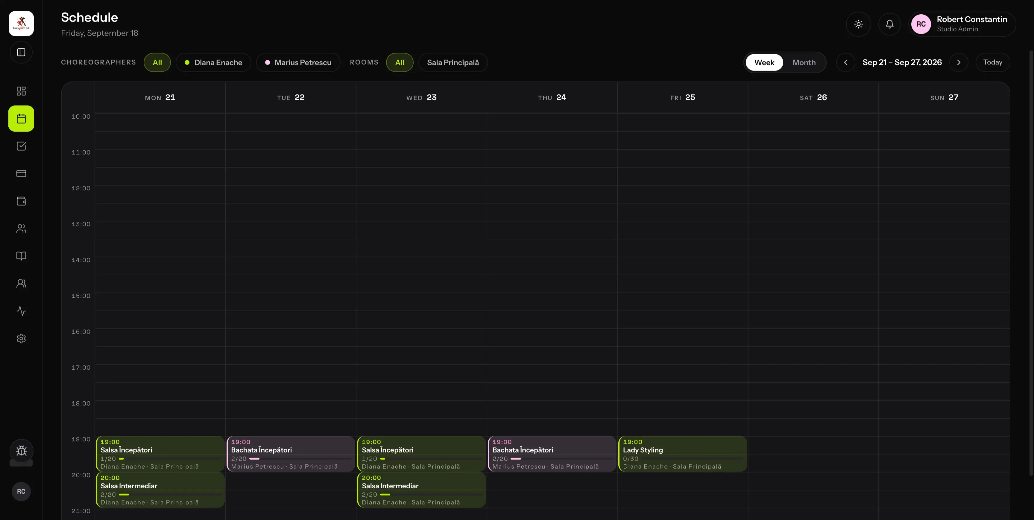 The week calendar on a demo studio: real sessions and template ghosts merged into one view. A session always wins for its own date.